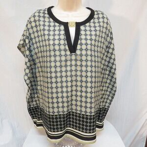 Anne Klein Geometric Print Poncho Top‎ Blouse Gold Accent Black Trim Size L